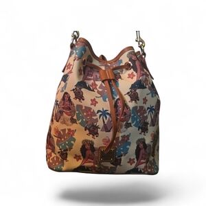 Canvas Drawstring Bucket Bag with Tropical Print - Tan Trim